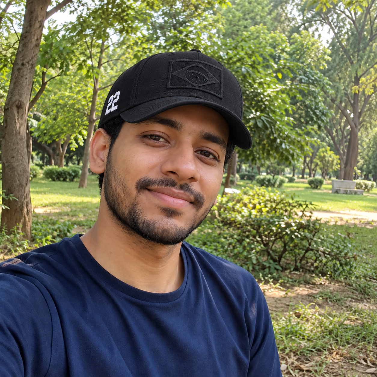 Modelo fictício usando o Boné Brasil 22 em um parque